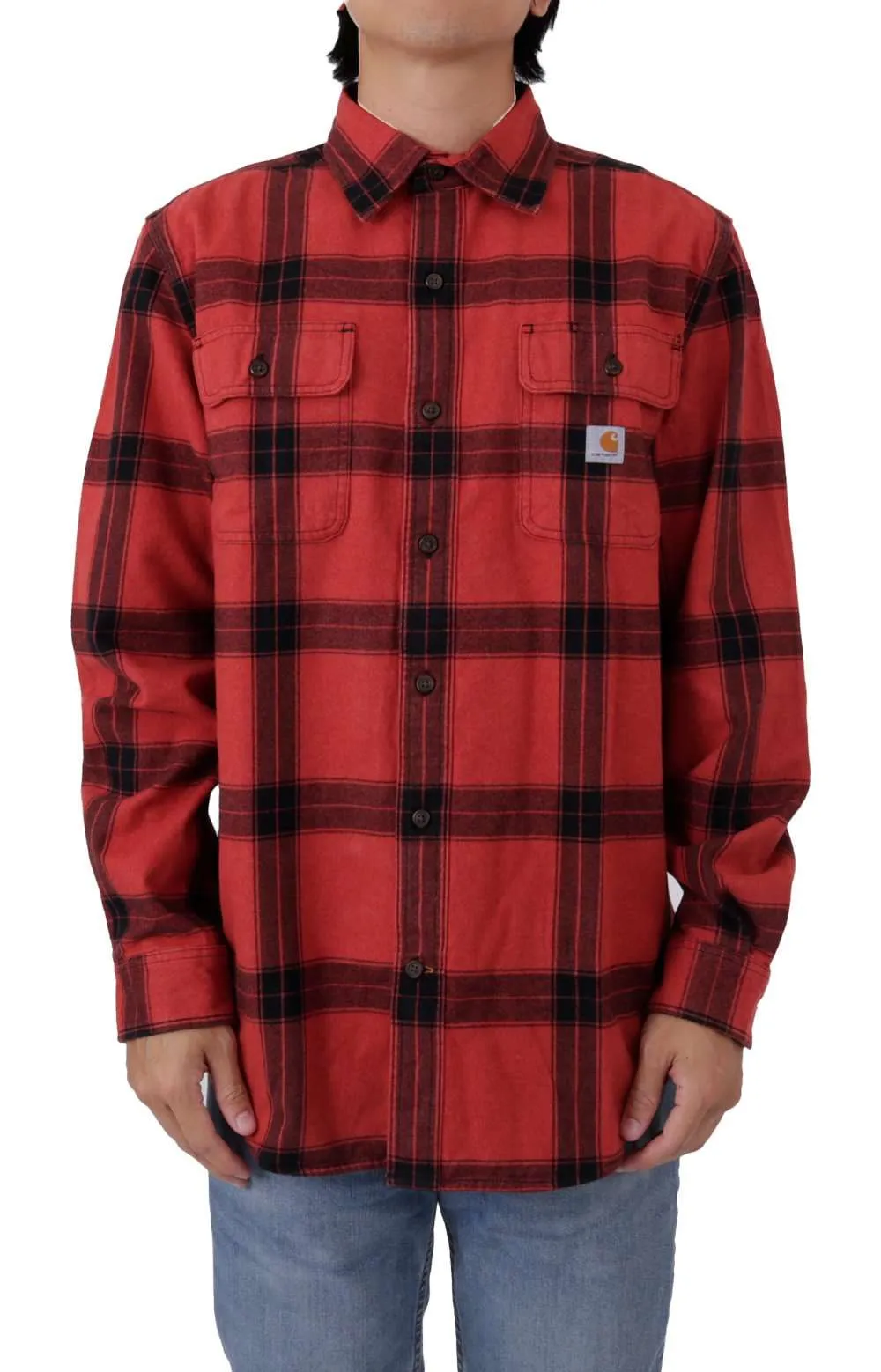 (105439) Loose Fit HW Flannel Long Sleeve Plaid Shirt - Chili Pepper