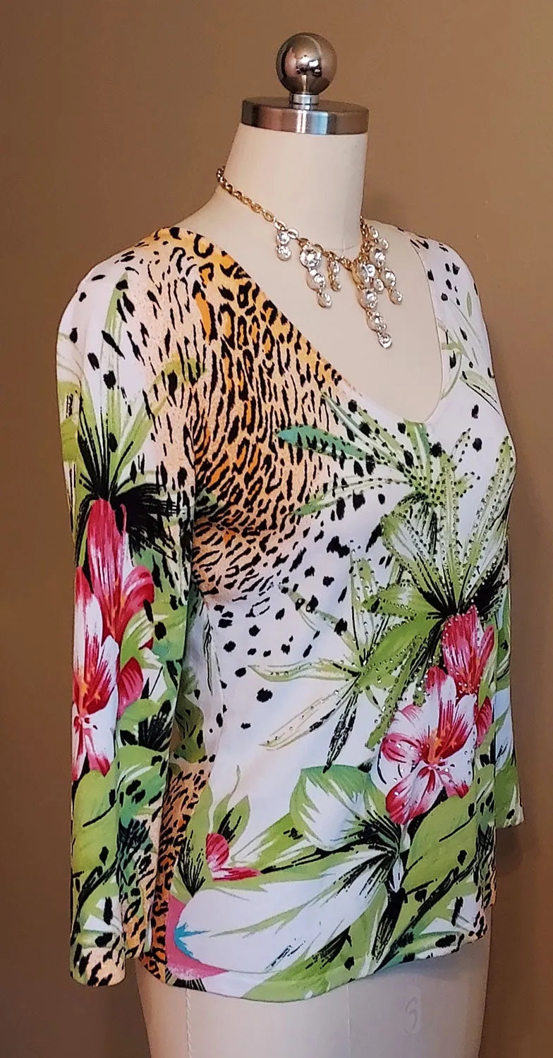 *ALBERTO MAKALI BEADED SEQUIN TIGER / LEOPARD & HIBISCUS TOP - LARGE