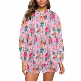 Australian Floral Pink Women's Long Sleeve Pajama Set with Shorts