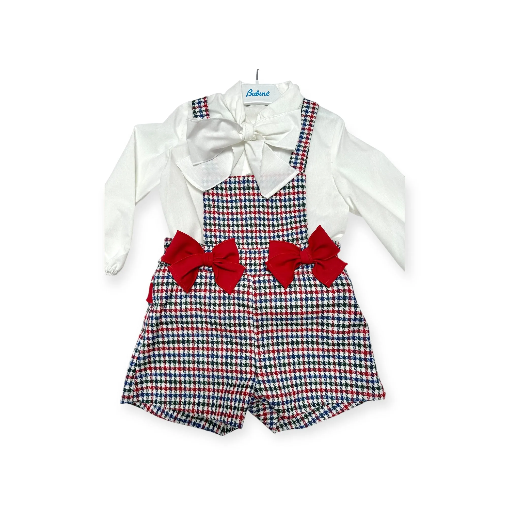 Babine AW24 - Girls Red & Navy Dogtooth Print H Bar Shorts Set