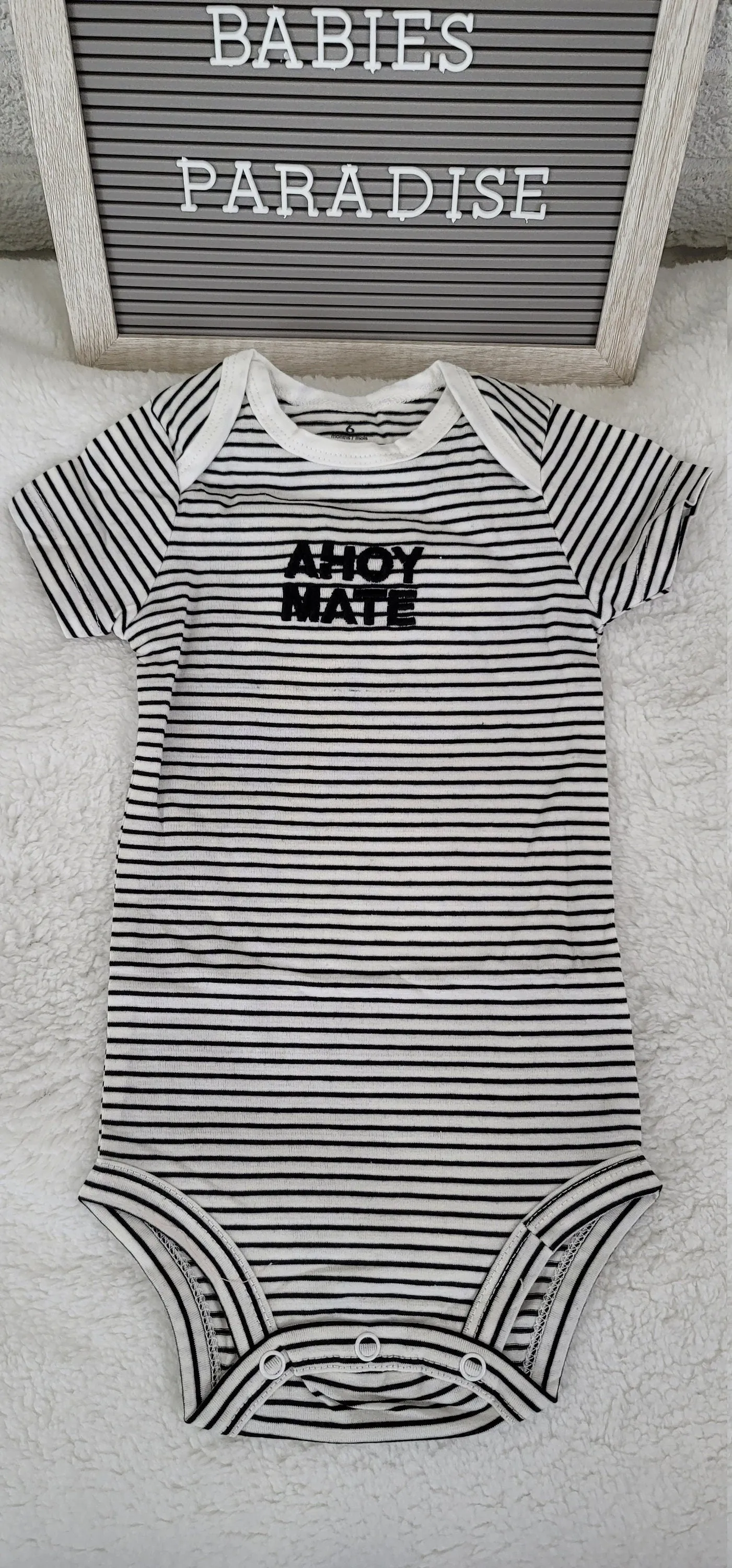 Baby Boy Onesie, Ahoy Mate Design Onesie,  White/Black Stripes Onesie, 6 month Baby Boy Onesie