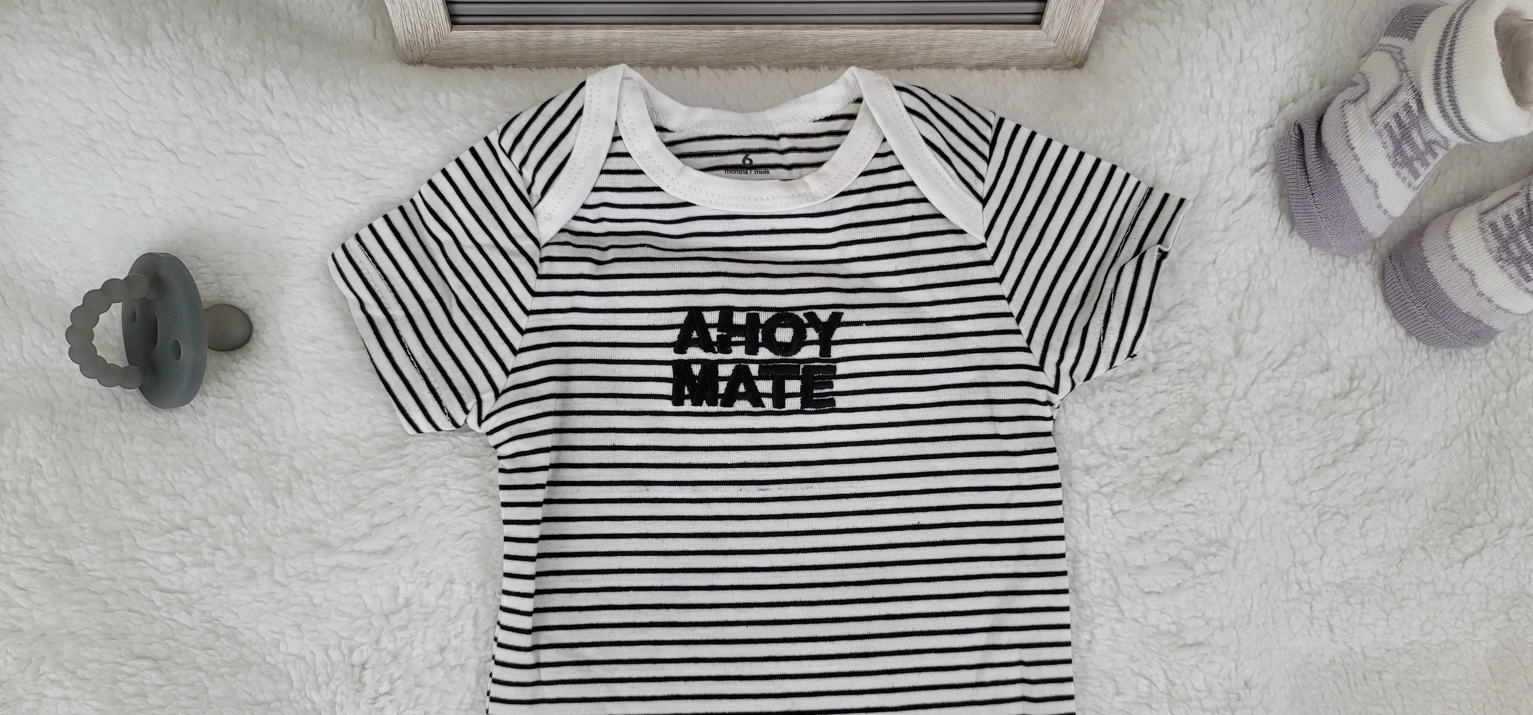 Baby Boy Onesie, Ahoy Mate Design Onesie,  White/Black Stripes Onesie, 6 month Baby Boy Onesie