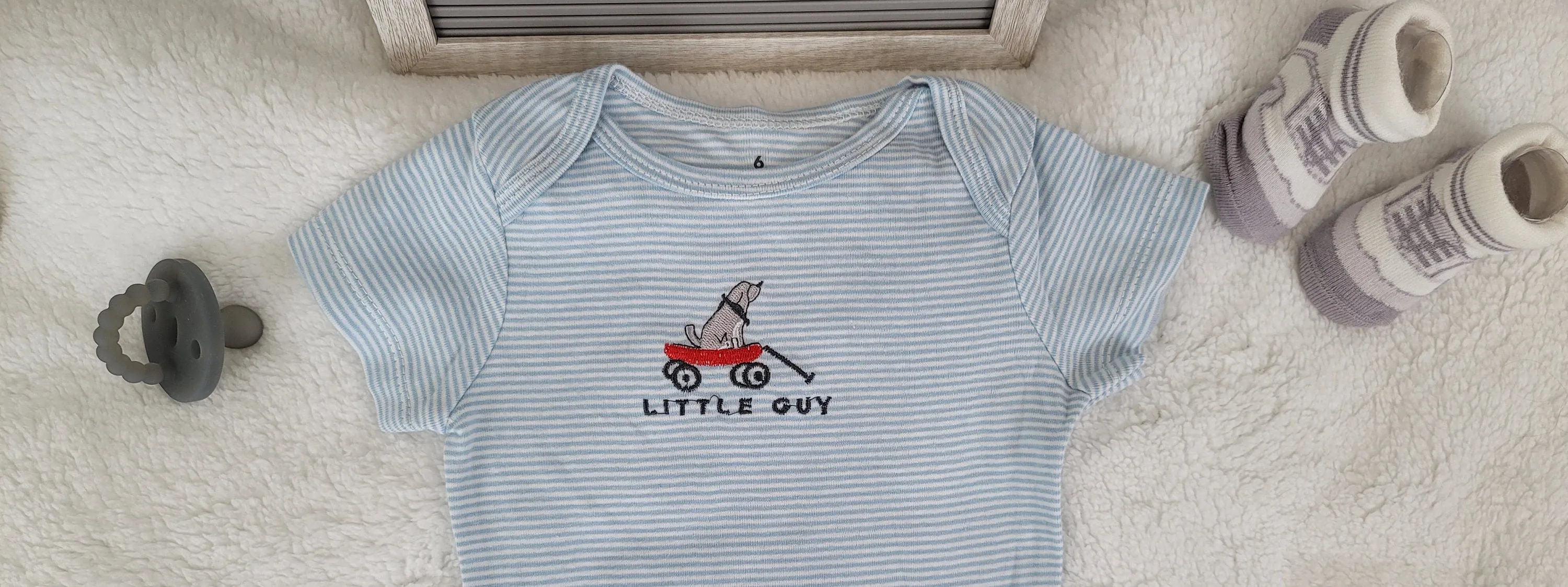 Baby Boy Onesie, Little Guy Doggy Design Onesie,  White/Blue Stripes Onesie, 6 month Baby Boy Onesie, Trendy Onesie, Bodysuit for baby