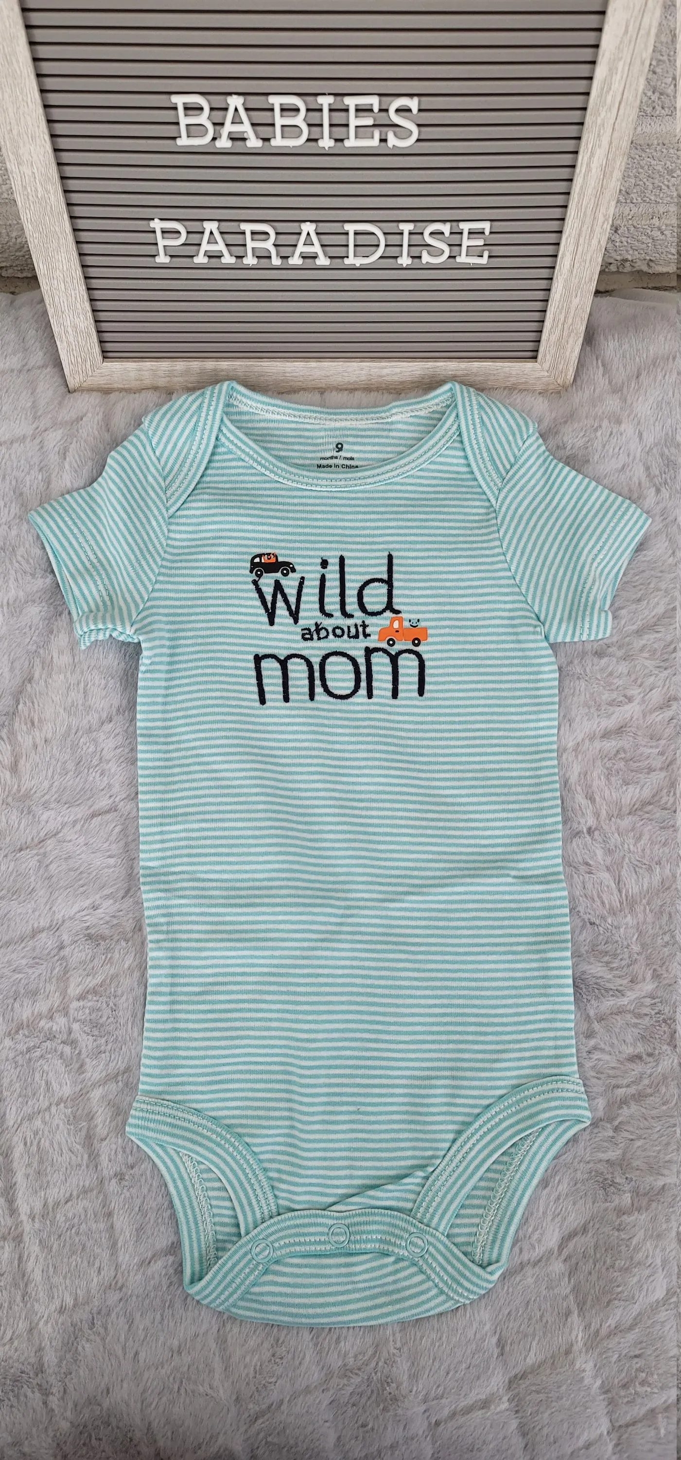 Baby Boy Onesie, Wild About Mom Design Onesie,  Green Stripes Onesie, 9 month Baby Boy Onesie