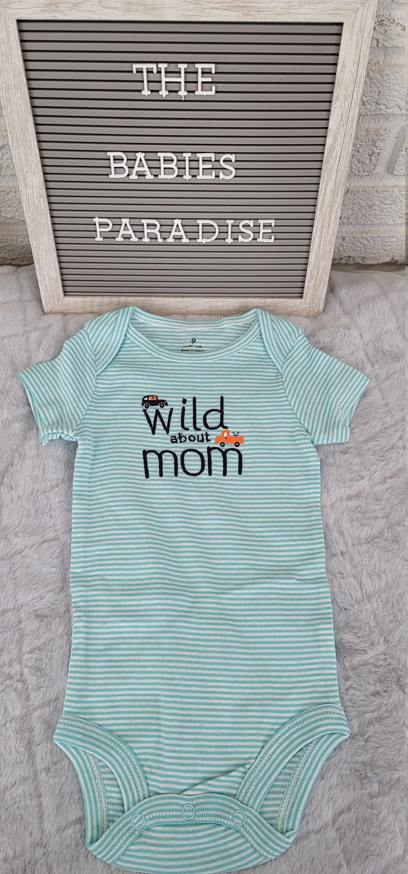 Baby Boy Onesie, Wild About Mom Design Onesie,  Green Stripes Onesie, 9 month Baby Boy Onesie