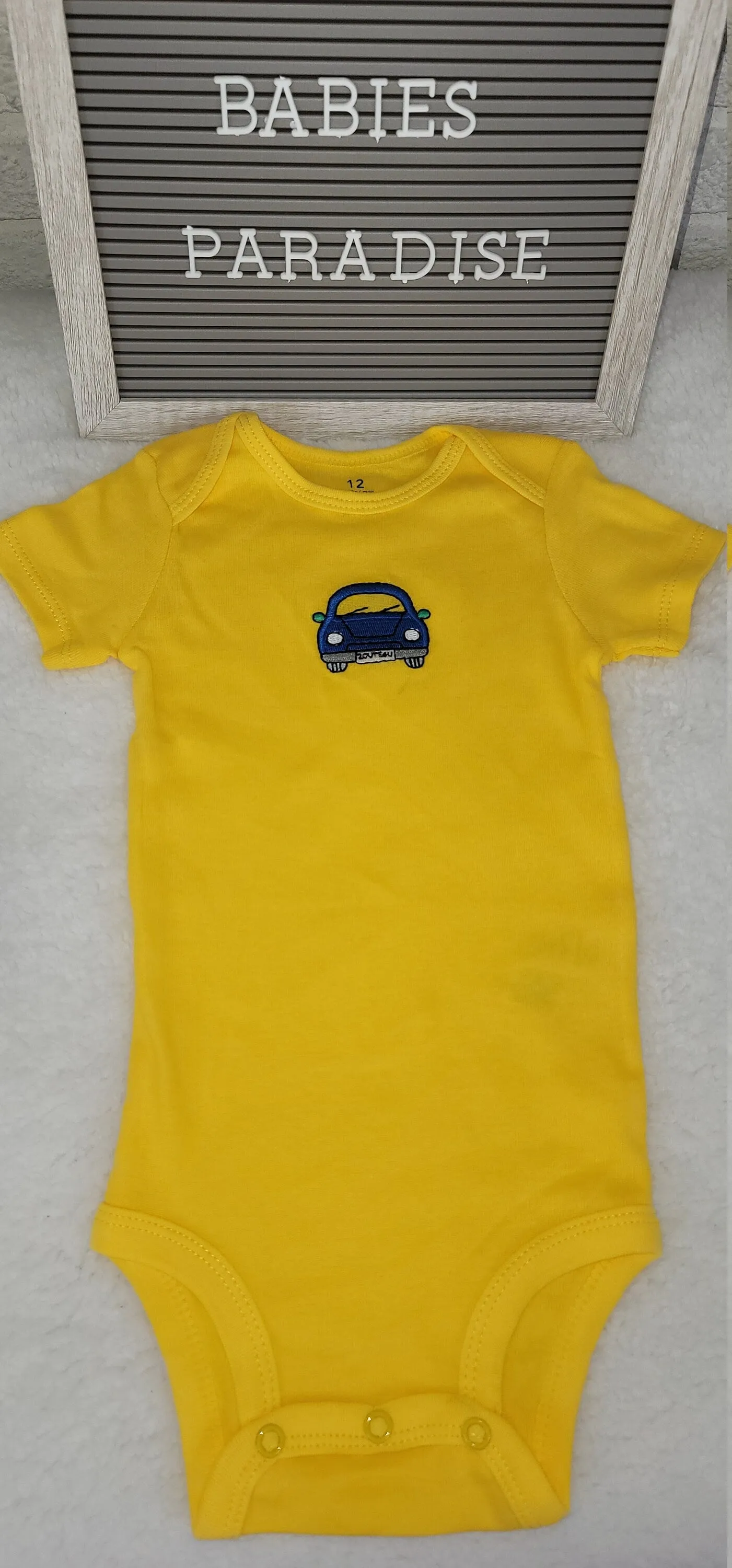 Baby Boys Onesie, Car Design Onesie,  Yellow Onesie, 12 month Baby Boy Onesie