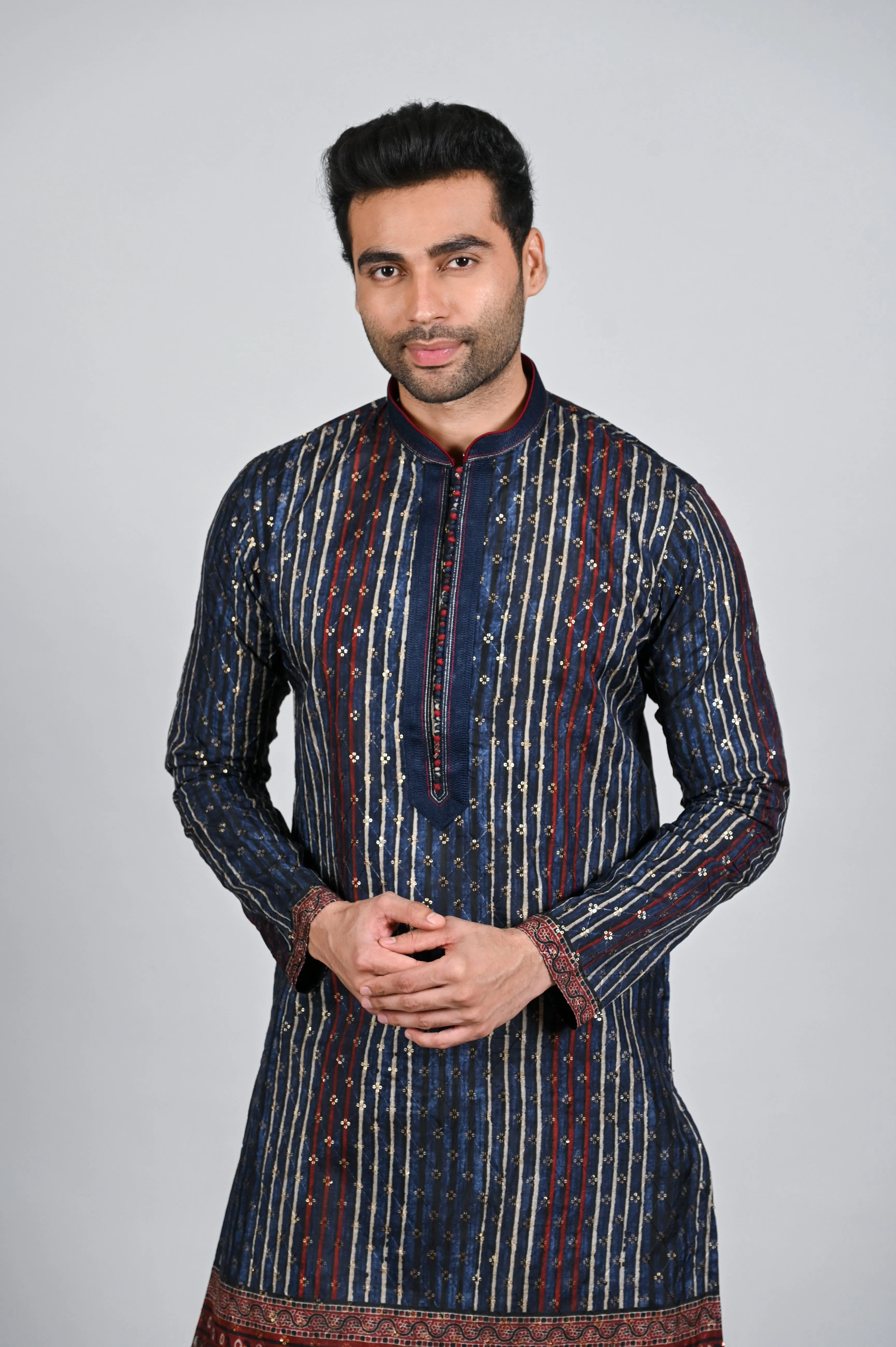 Blue Silk Kurta Pajama with Daman Print