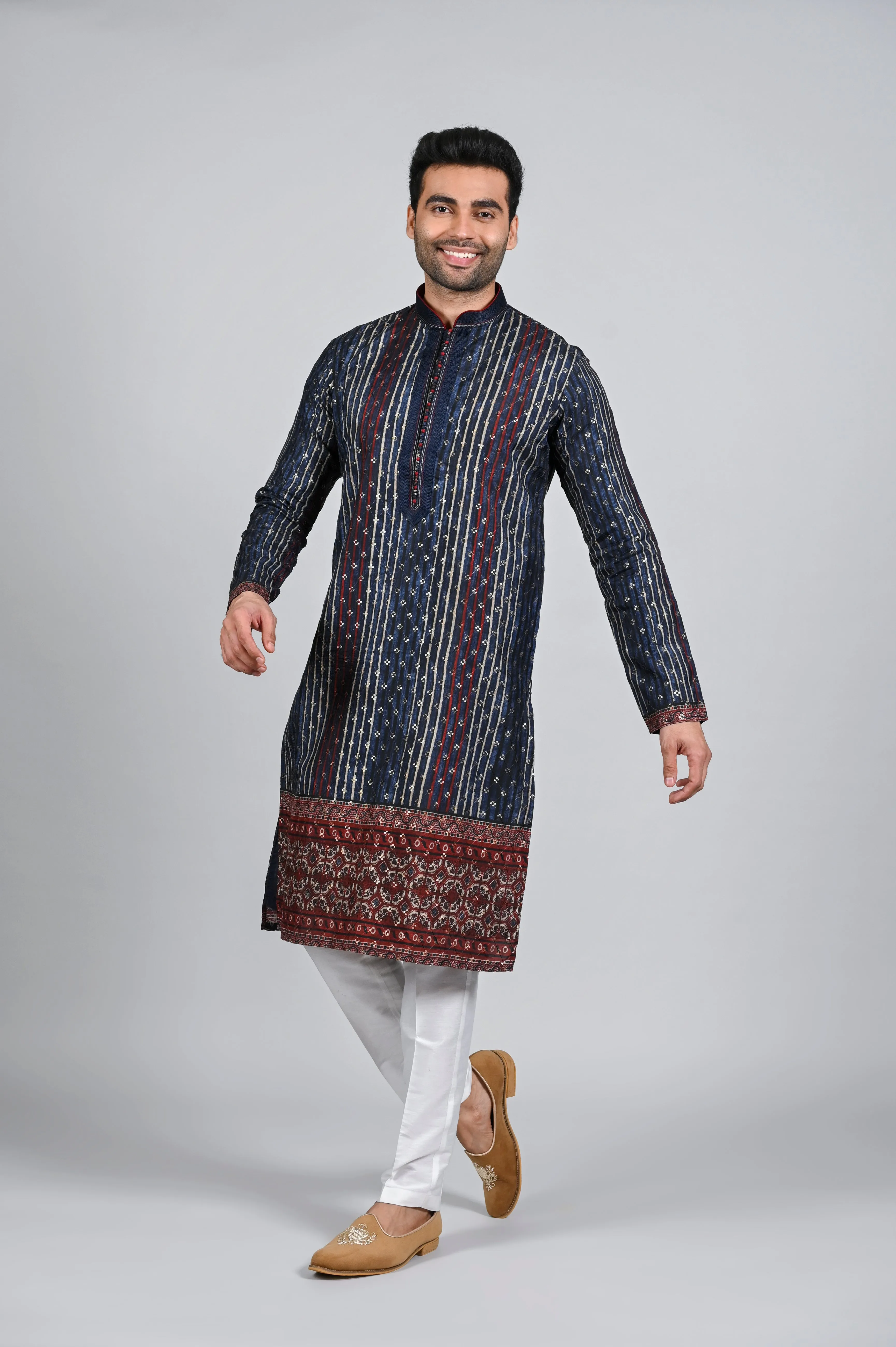 Blue Silk Kurta Pajama with Daman Print