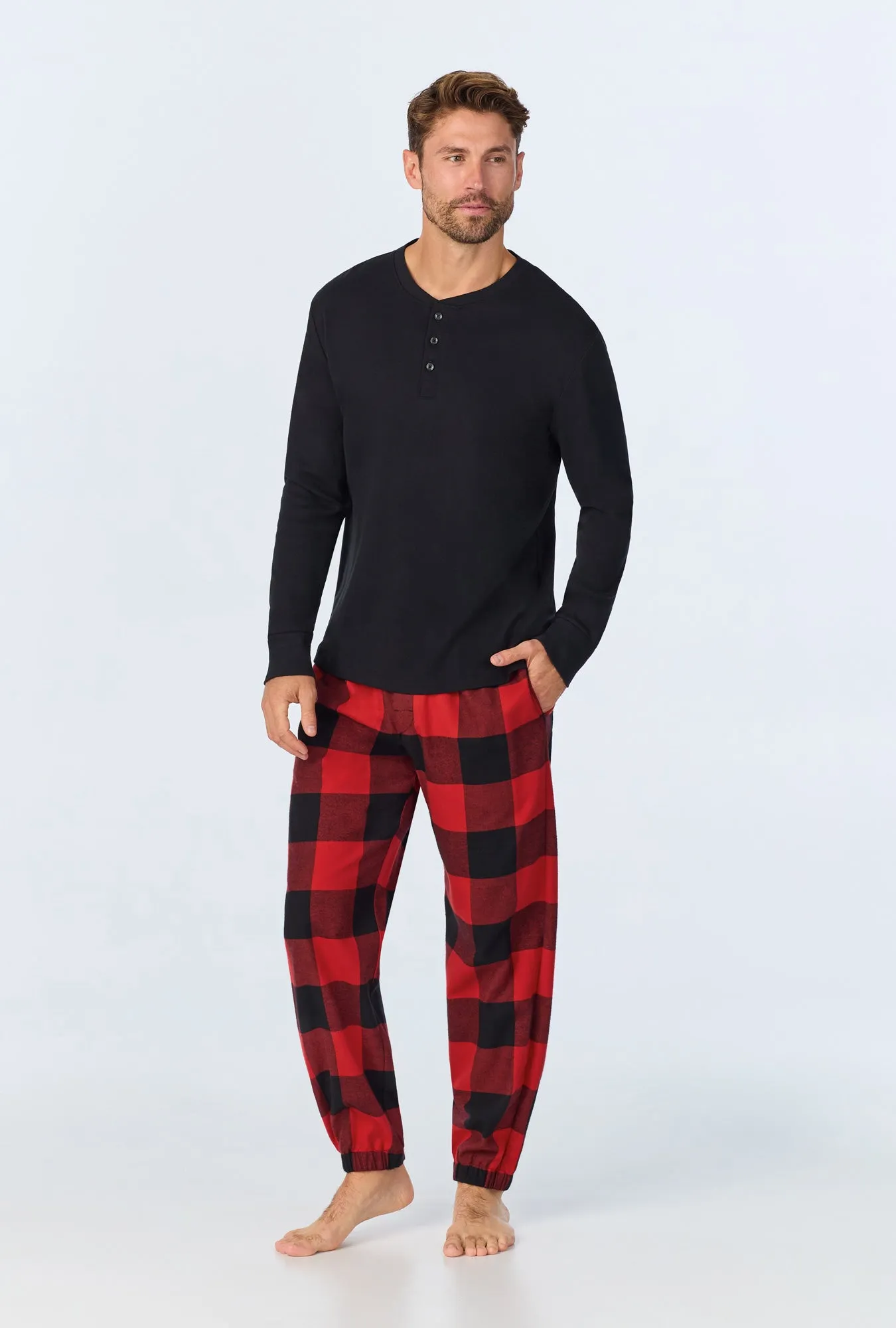 Buffalo Check Men's  Long Sleeve Henley and Jogger Woven Portuguese Flannel PJ Set