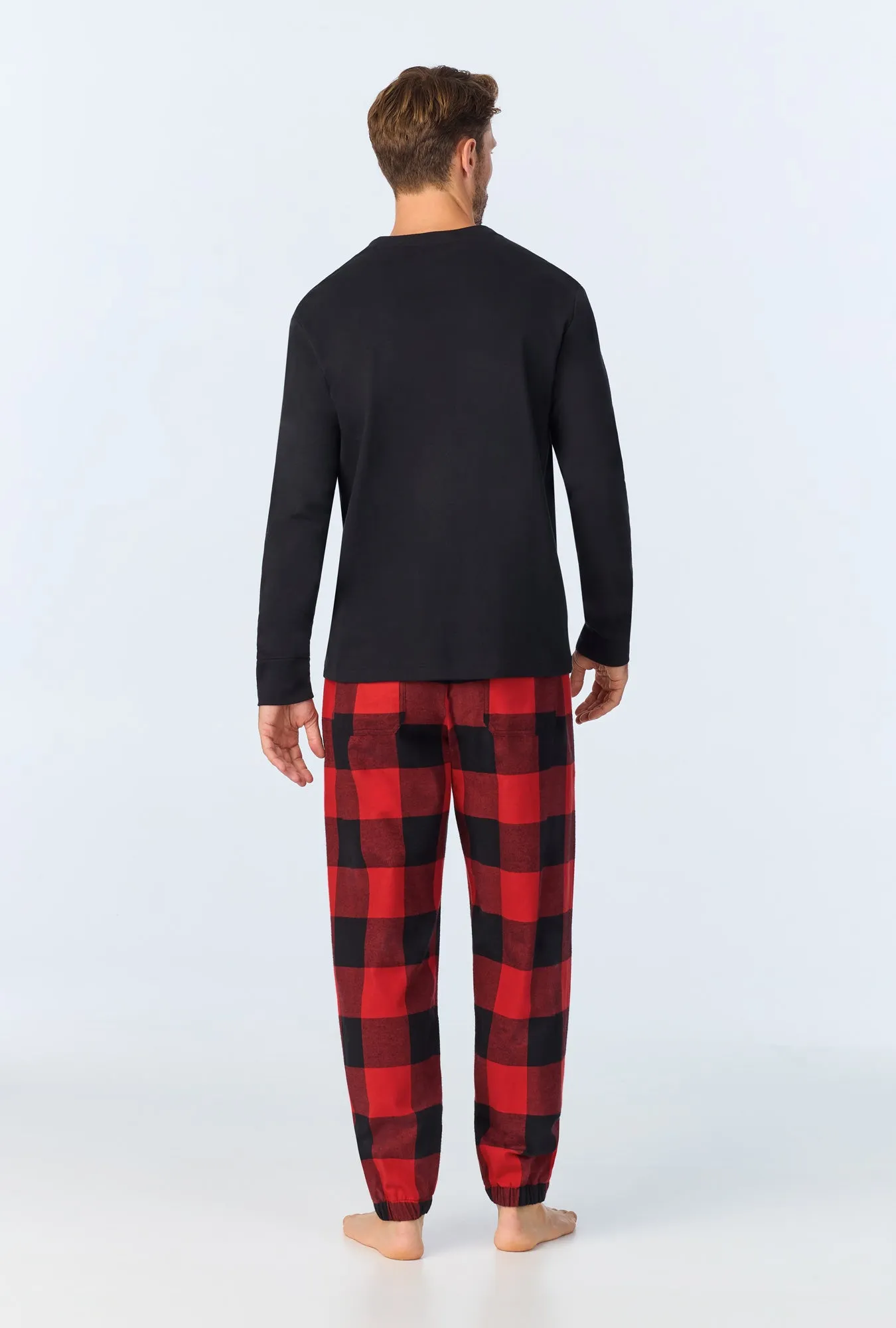 Buffalo Check Men's  Long Sleeve Henley and Jogger Woven Portuguese Flannel PJ Set