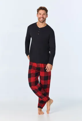 Buffalo Check Men's  Long Sleeve Henley and Jogger Woven Portuguese Flannel PJ Set