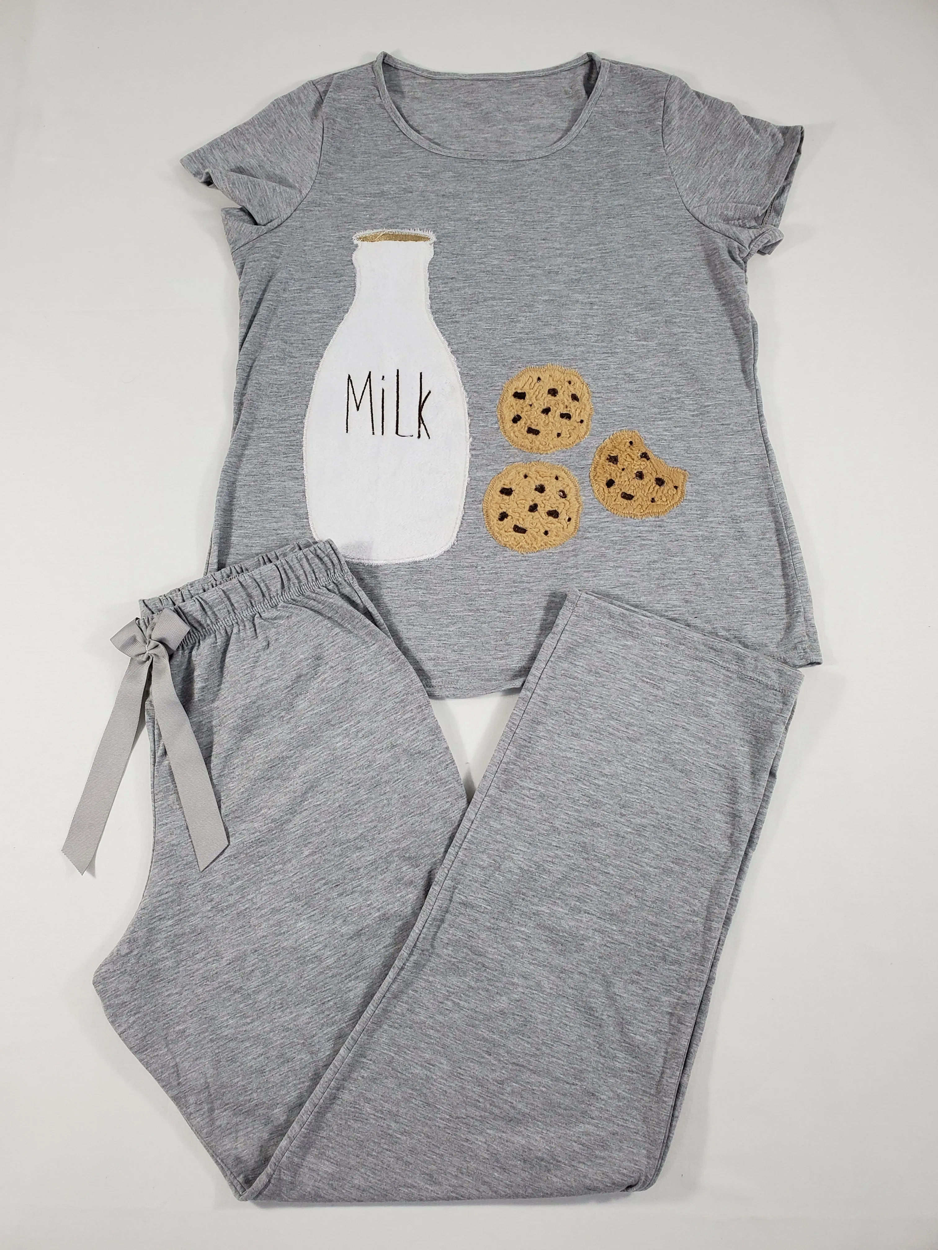 California Women's pajama set gray pants gray short sleeve shirt with cookies and milk image