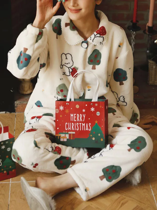 Christmas Rabbits & Trees Printed Flannel Pajamas