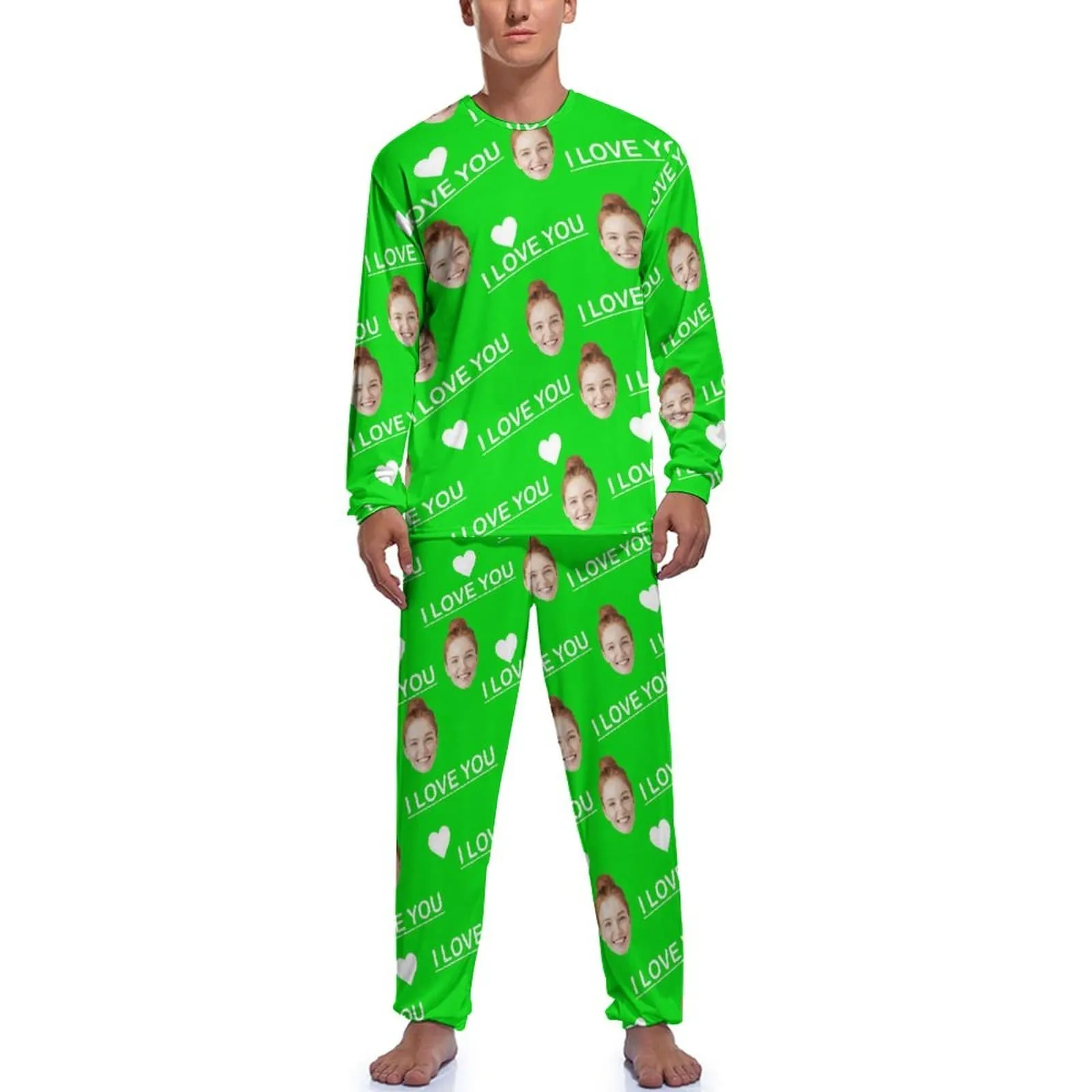 Custom Face Men's Long Sleeve Crewneck Pajamas Set I Love You Personalized Sleepwear Sets