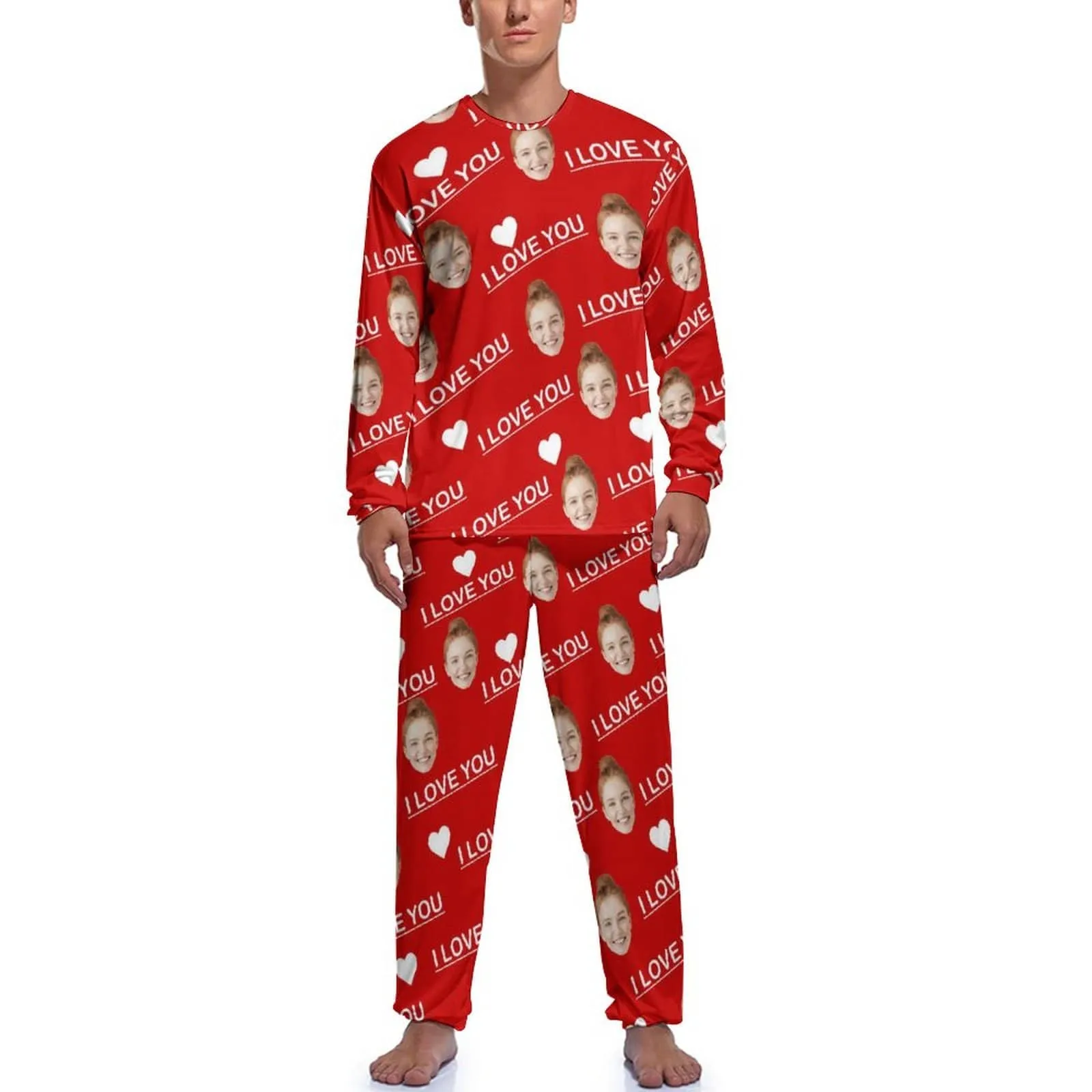 Custom Face Men's Long Sleeve Crewneck Pajamas Set I Love You Personalized Sleepwear Sets