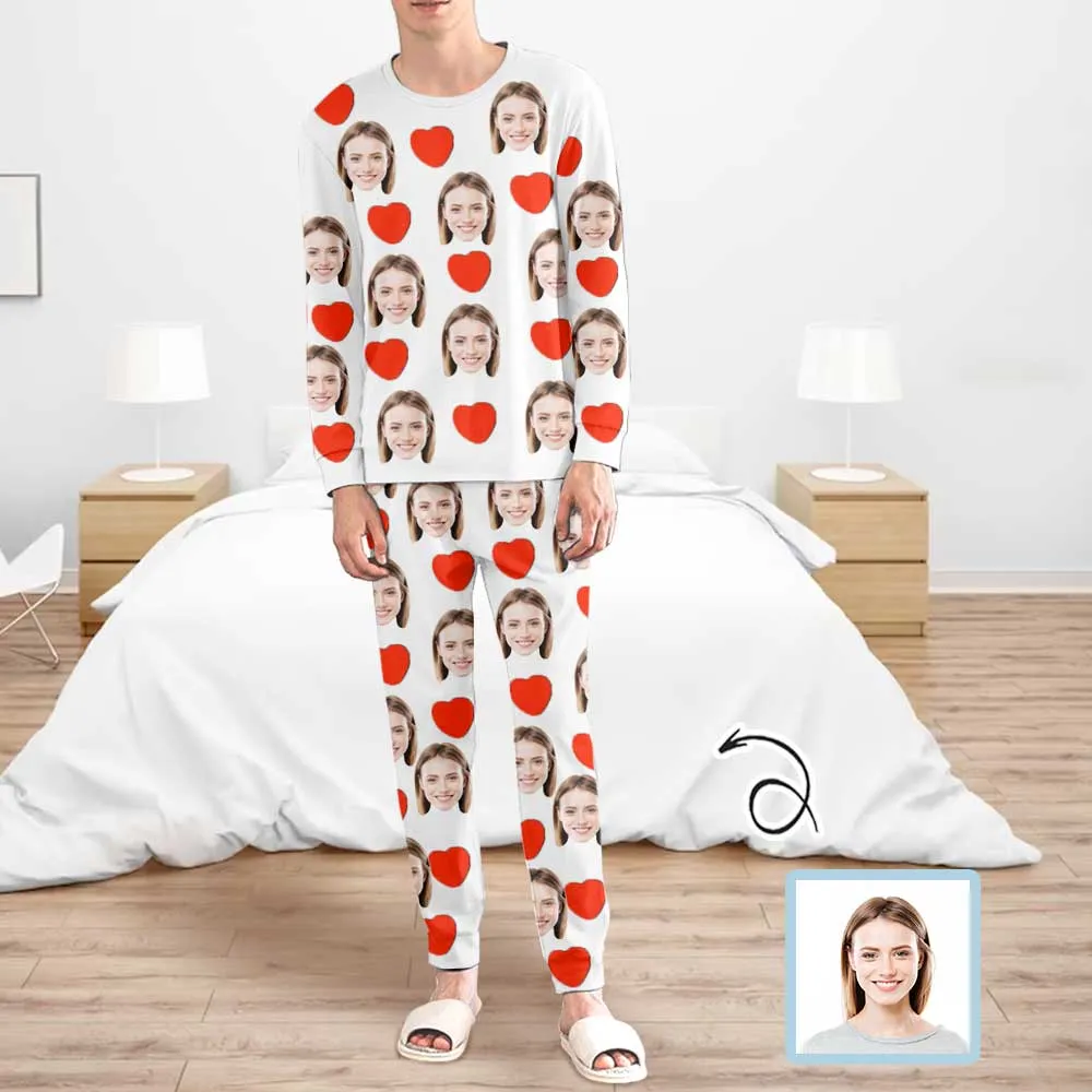 Custom Face Men's Long Sleeve Crewneck Pajamas Set Love Heart Personalized Sleepwear Sets