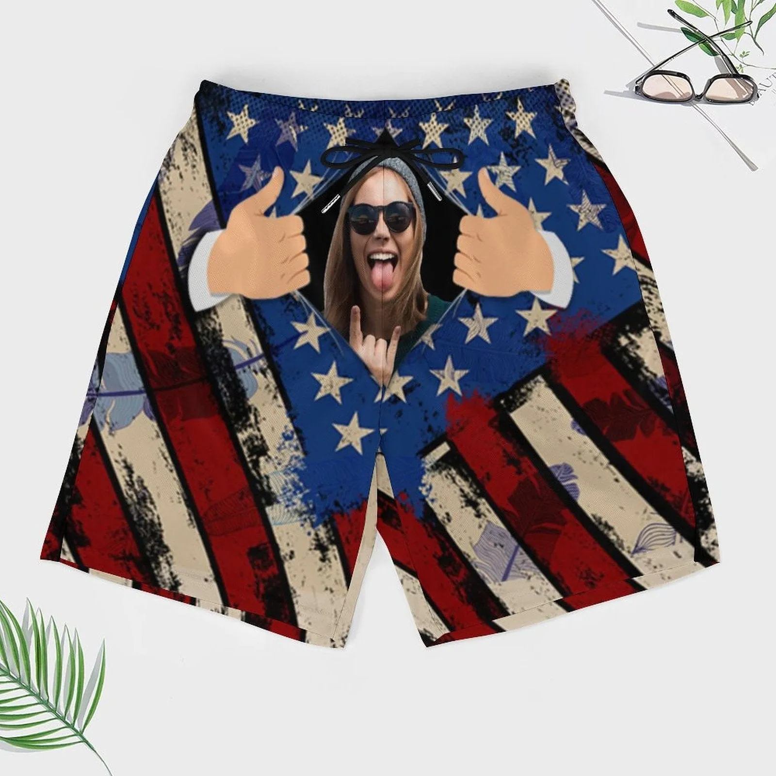 Custom Face Open It Flag Style Men's Quick Dry 2 in 1 Surfing & Beach Shorts Male Gym Fitness Shorts