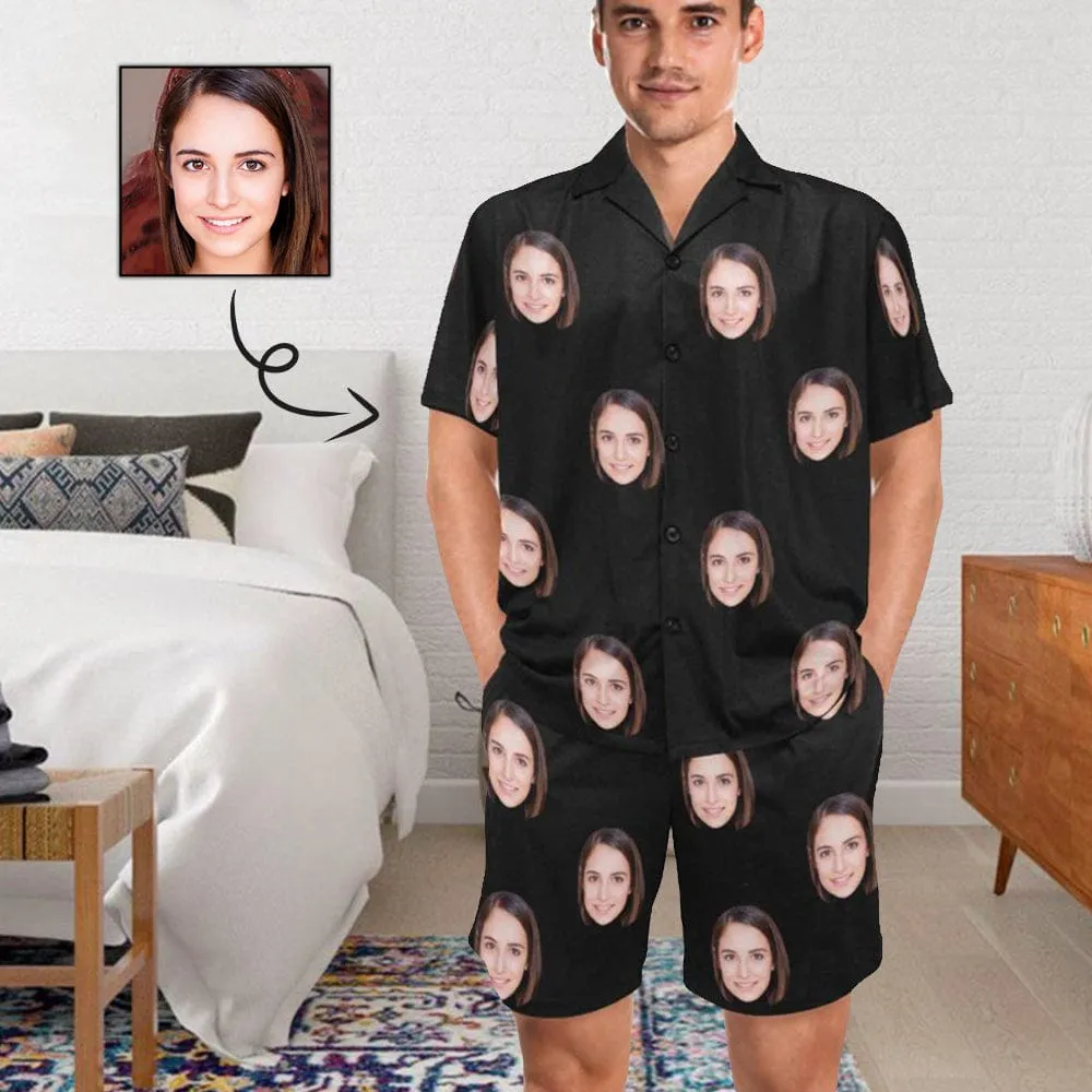 Custom Lover Face Pajamas for Him Summer Loungewear Personalized Men's V-Neck Short Sleeve Pajama Set