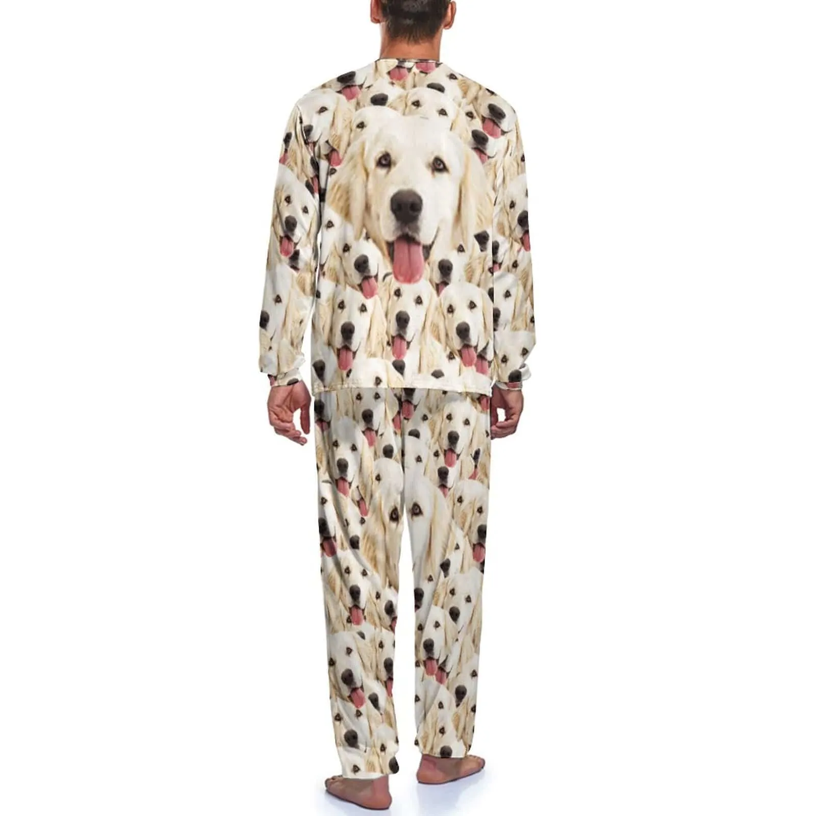 Custom Pets Seamless Face Men's Long Sleeve Crewneck Pajamas Set Personalized Sleepwear Sets