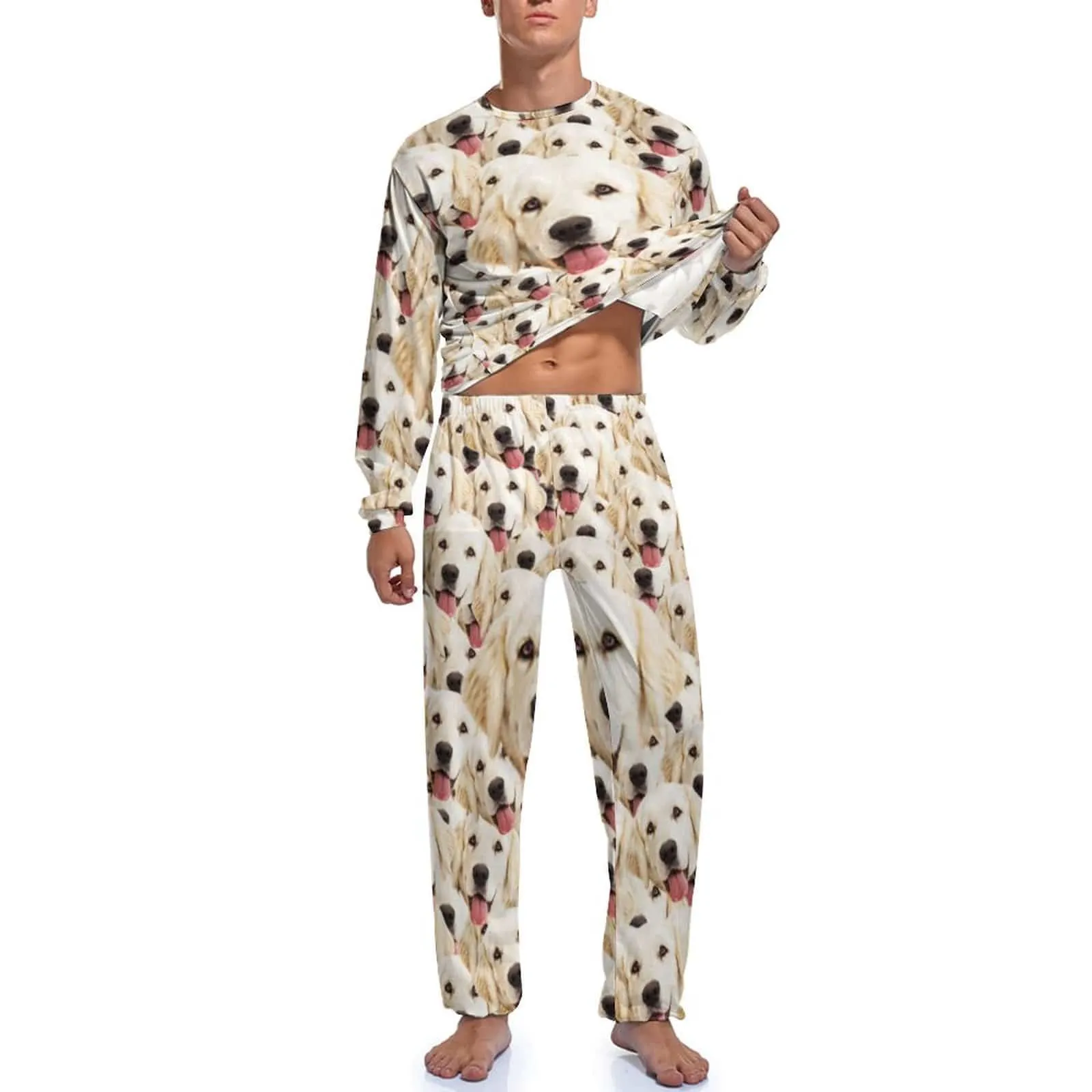 Custom Pets Seamless Face Men's Long Sleeve Crewneck Pajamas Set Personalized Sleepwear Sets