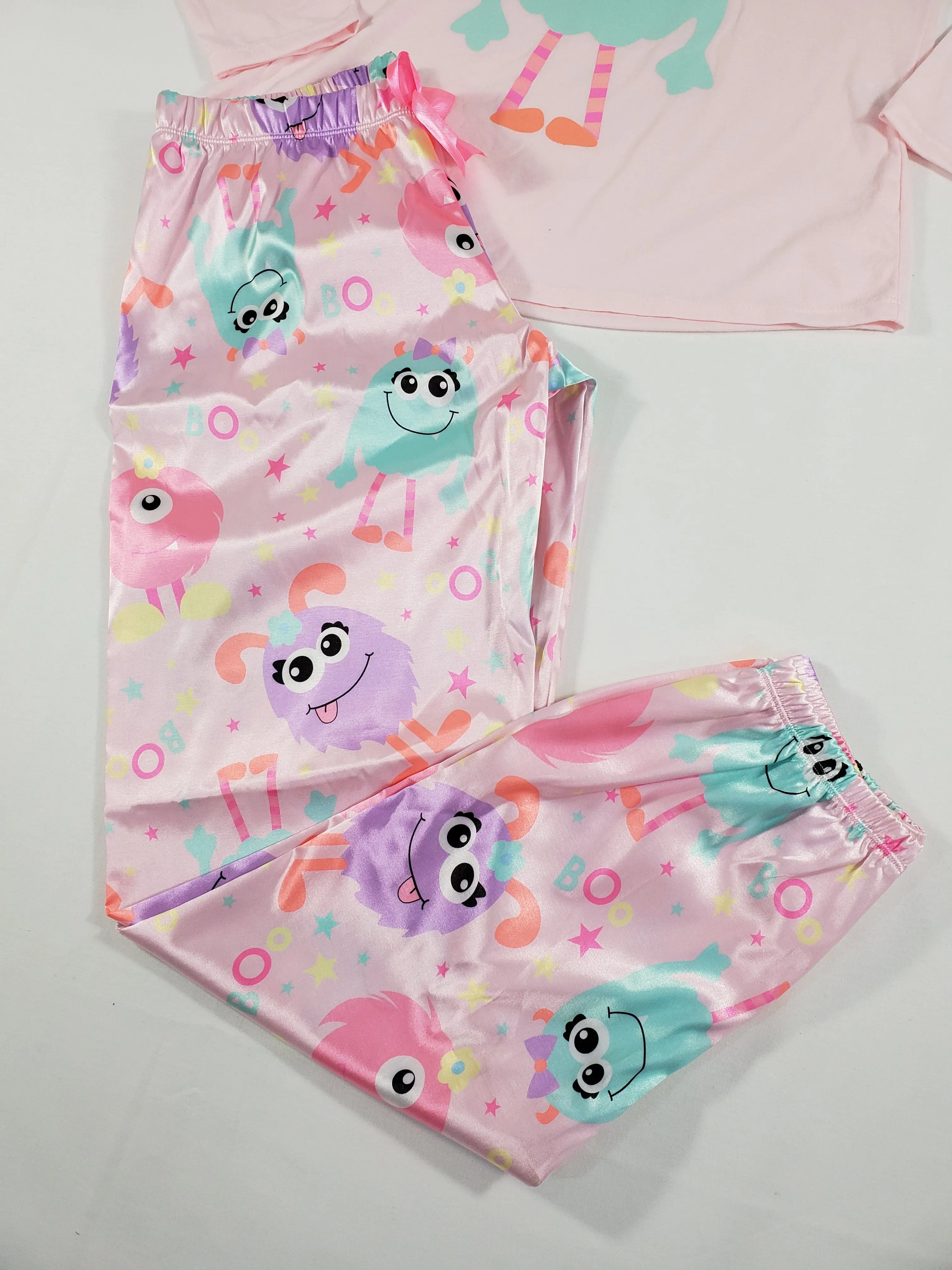 Cute satin pink Women's pajama set monster theme pants pink long sleeve shirt