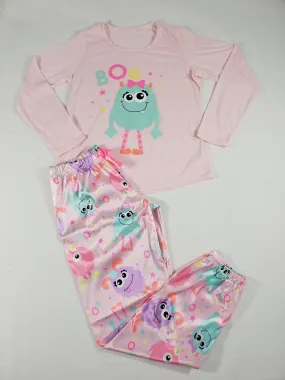 Cute satin pink Women's pajama set monster theme pants pink long sleeve shirt