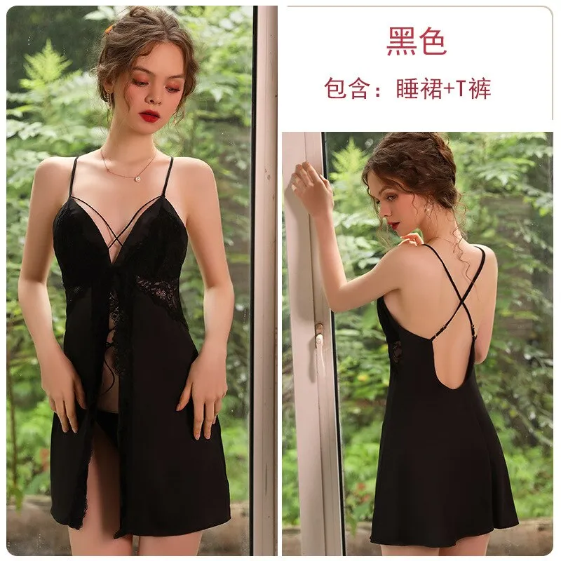 deanwangkt Intimate Lingerie Dress Women Nightgowns Spaghetti Strap V Neck Backless Lace Up Black Nightdress Nightwear Sleepwear Room Wear