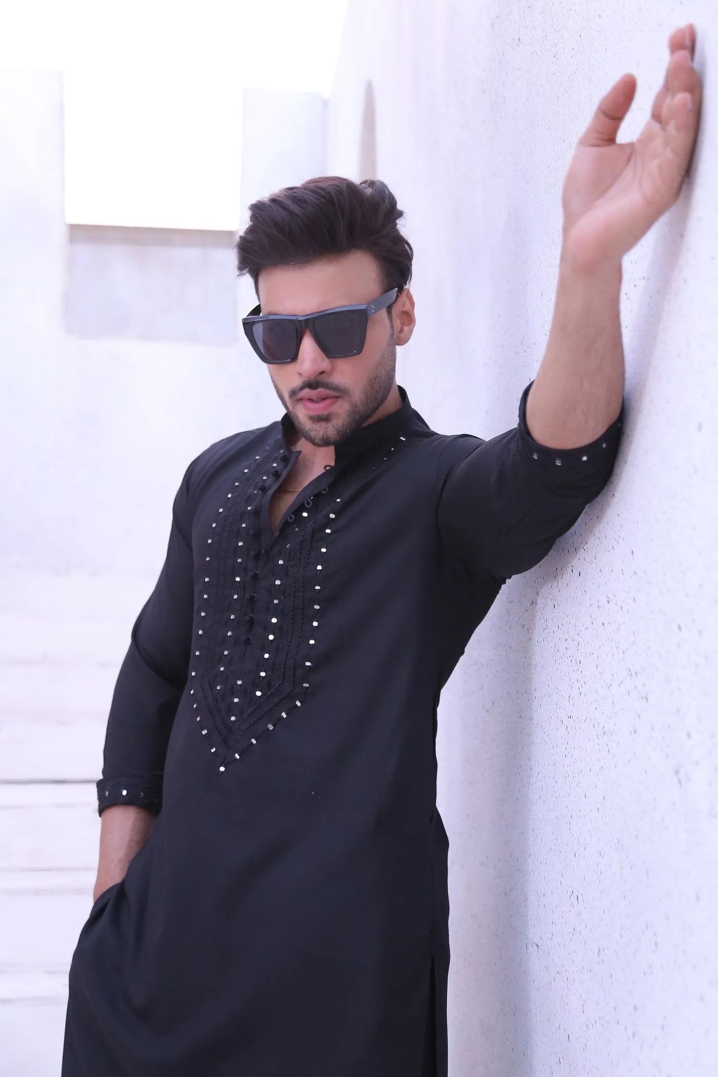 ER MR 43 Black Mirror Work PV Fabric Kurta Pajama Mirror Work For Men