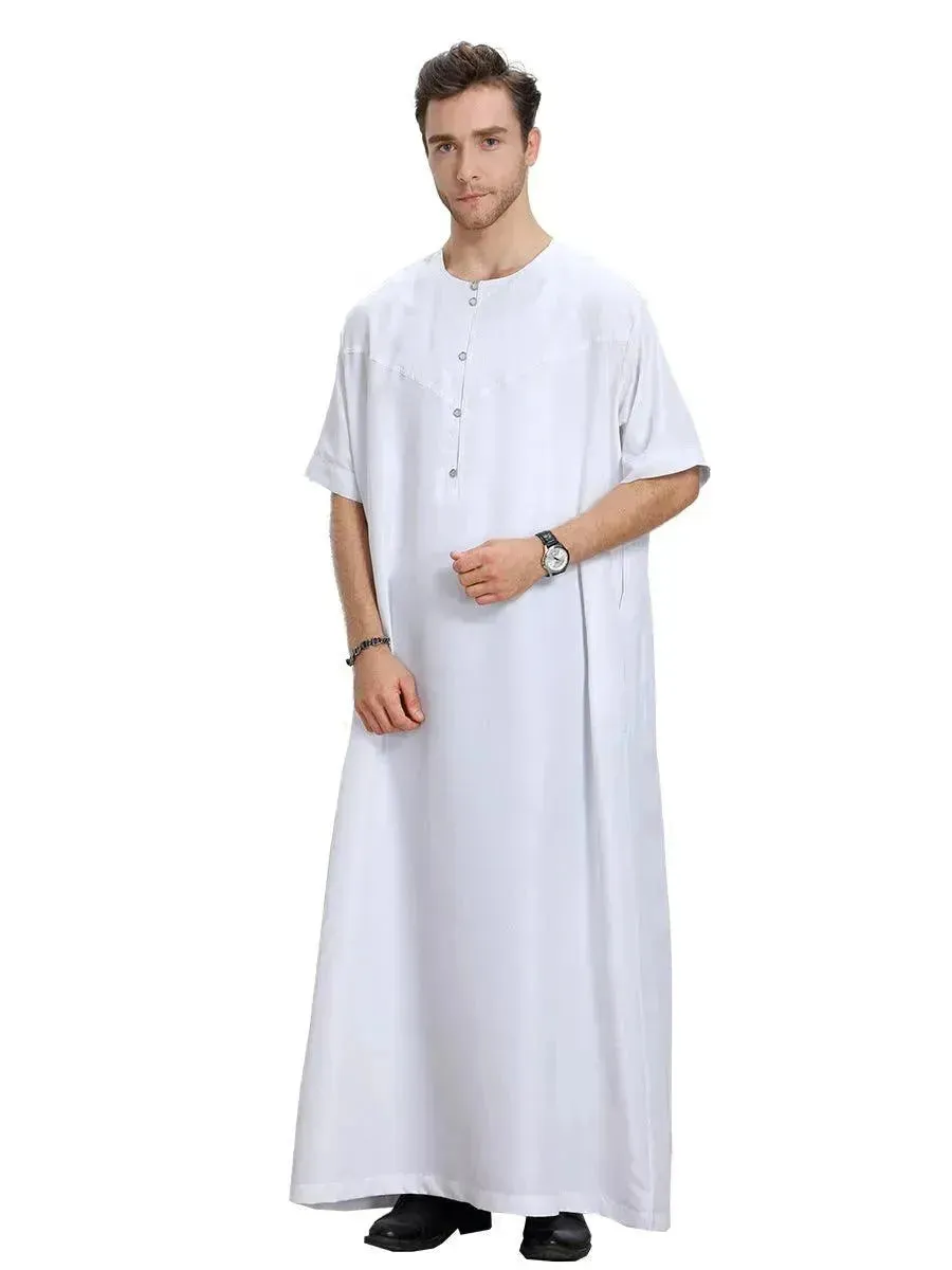 Fashionable and Elegant Men's Arab Short-sleeved Solid Color Robe Moroccan Men's Jalabiya