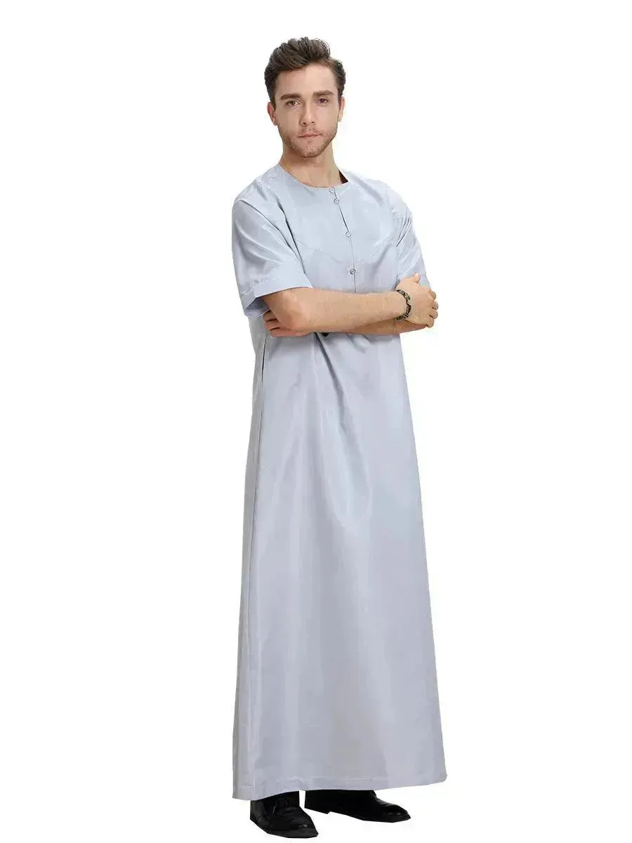 Fashionable and Elegant Men's Arab Short-sleeved Solid Color Robe Moroccan Men's Jalabiya