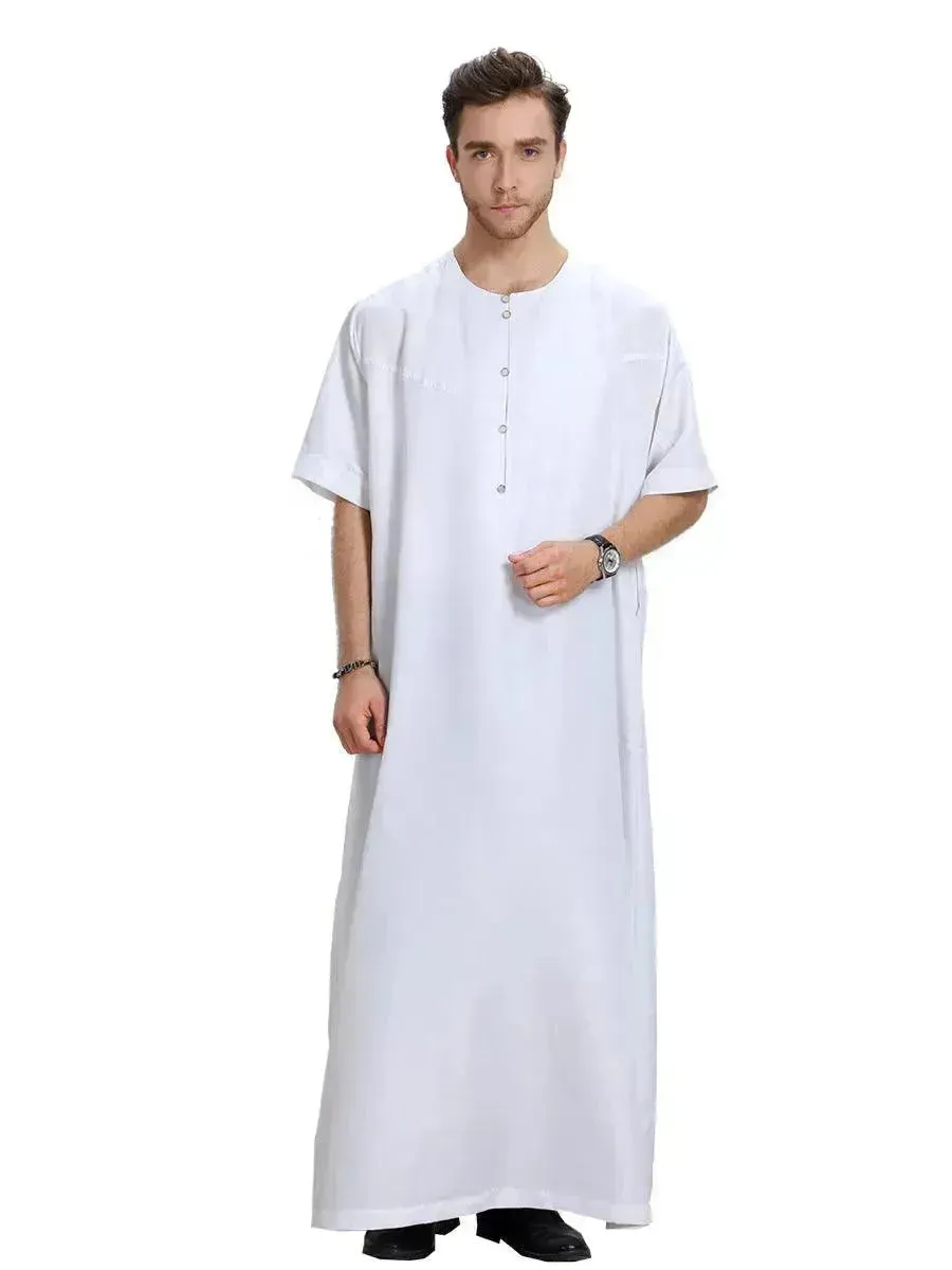 Fashionable and Elegant Men's Arab Short-sleeved Solid Color Robe Moroccan Men's Jalabiya