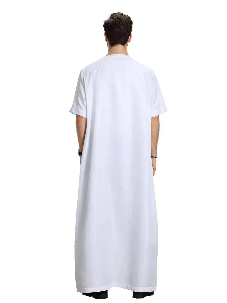 Fashionable and Elegant Men's Arab Short-sleeved Solid Color Robe Moroccan Men's Jalabiya