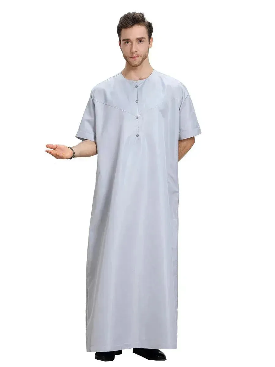 Fashionable and Elegant Men's Arab Short-sleeved Solid Color Robe Moroccan Men's Jalabiya