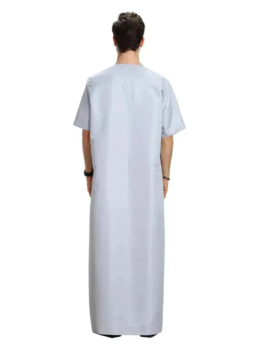 Fashionable and Elegant Men's Arab Short-sleeved Solid Color Robe Moroccan Men's Jalabiya