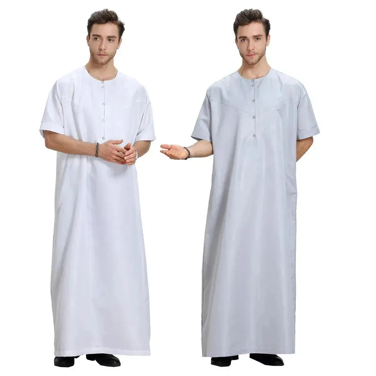 Fashionable and Elegant Men's Arab Short-sleeved Solid Color Robe Moroccan Men's Jalabiya