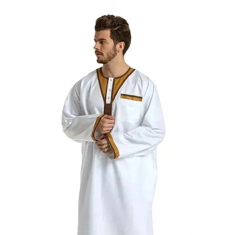 Fashionable and Elegant Round Neck Stitching Long-Sleeved Arab  Hui Robe Male Moroccan Men's Jalabiya