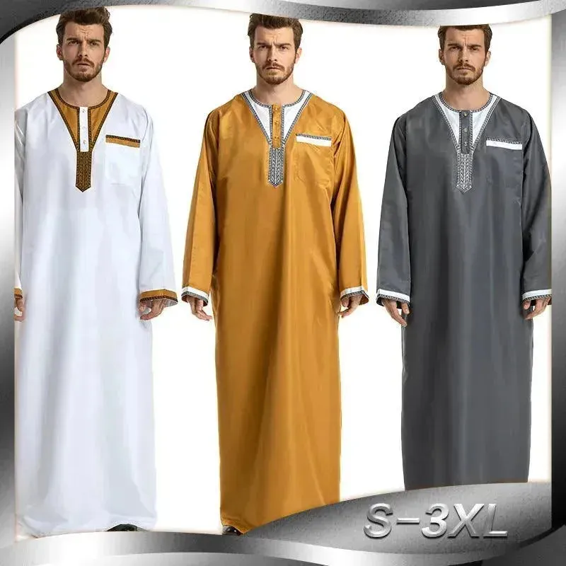 Fashionable and Elegant Round Neck Stitching Long-Sleeved Arab  Hui Robe Male Moroccan Men's Jalabiya