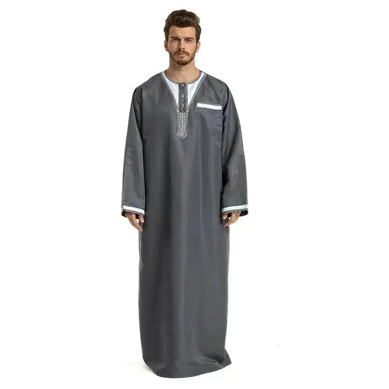 Fashionable and Elegant Round Neck Stitching Long-Sleeved Arab  Hui Robe Male Moroccan Men's Jalabiya