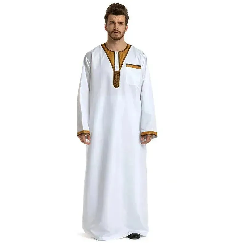 Fashionable and Elegant Round Neck Stitching Long-Sleeved Arab  Hui Robe Male Moroccan Men's Jalabiya