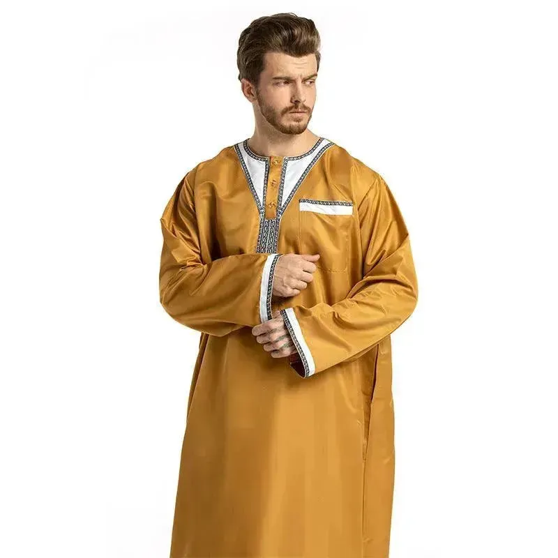 Fashionable and Elegant Round Neck Stitching Long-Sleeved Arab  Hui Robe Male Moroccan Men's Jalabiya