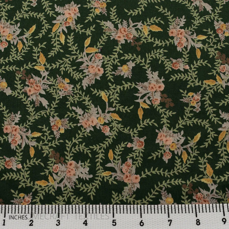 Forest Green Rose Branches Cotton Print