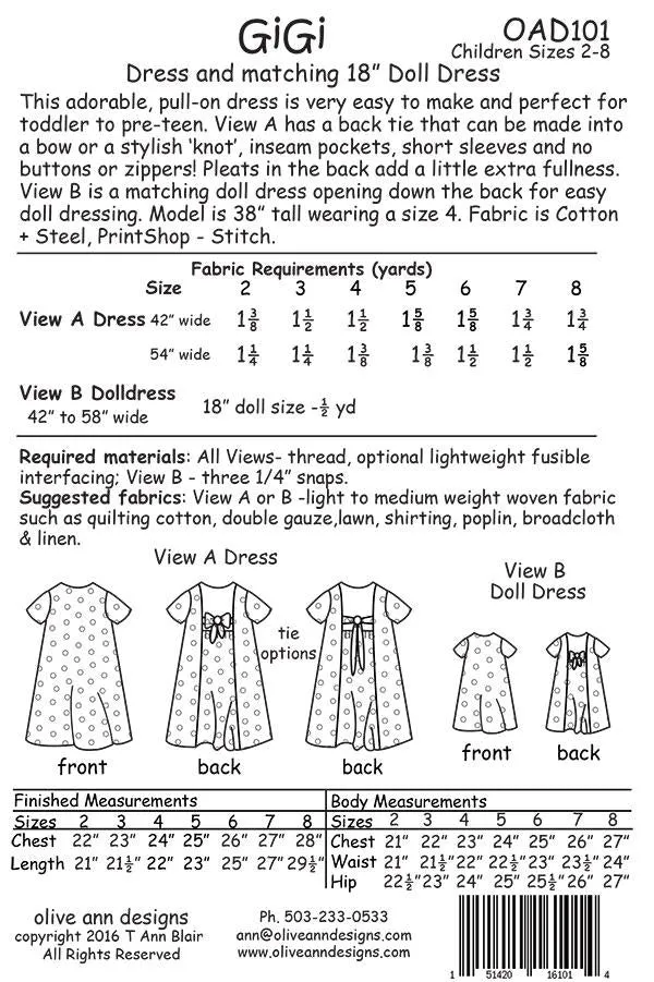 Gigi Girl and Doll Dress Pattern by Olive Ann Designs