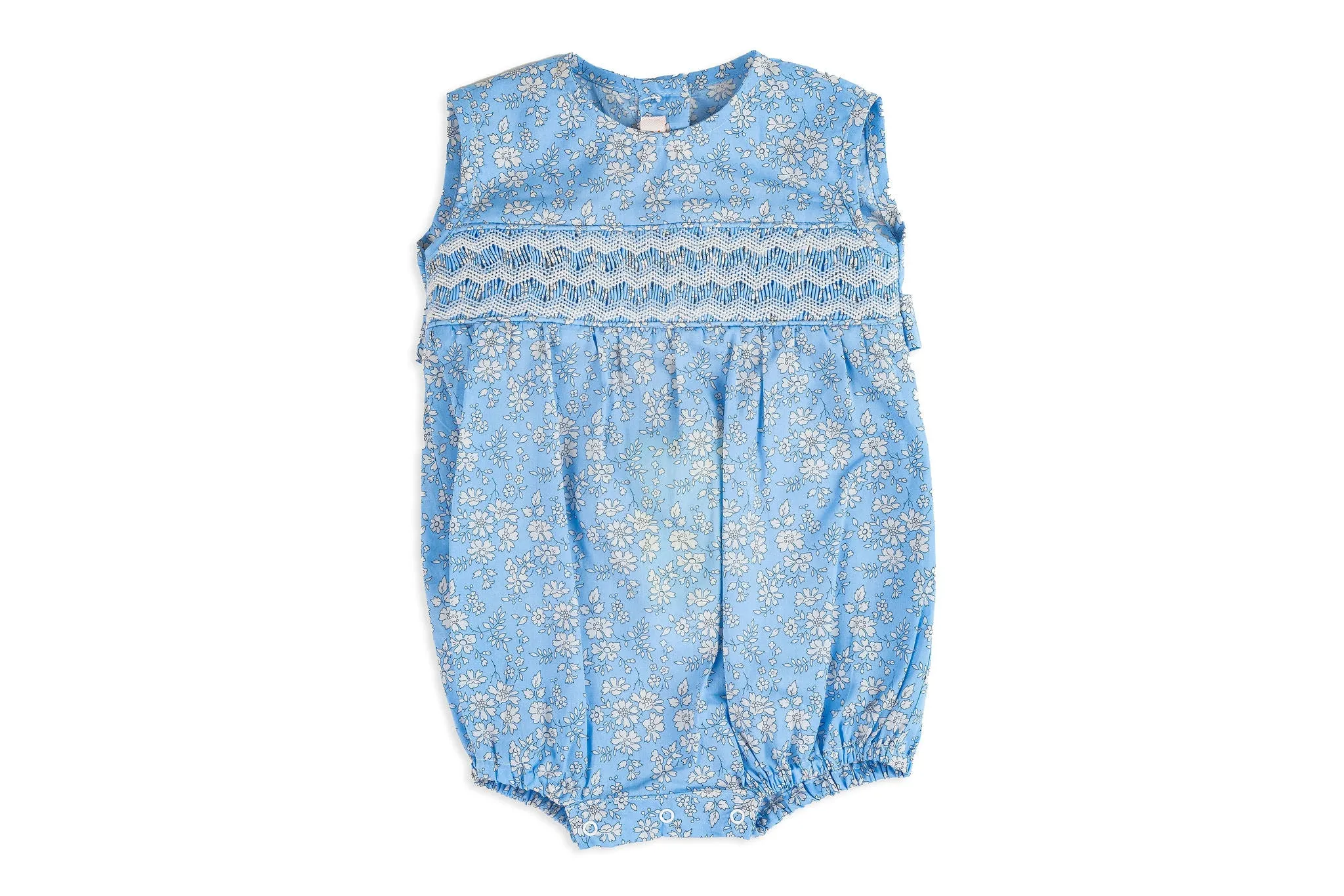 Hand Embroidered Baby Romper in Blue Liberty Fabric