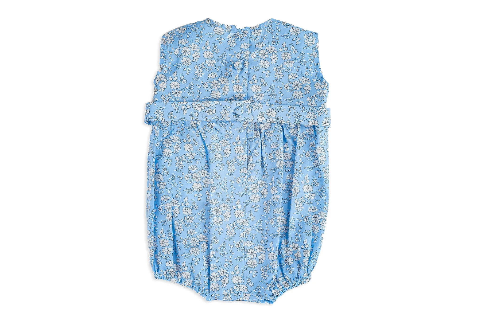 Hand Embroidered Baby Romper in Blue Liberty Fabric