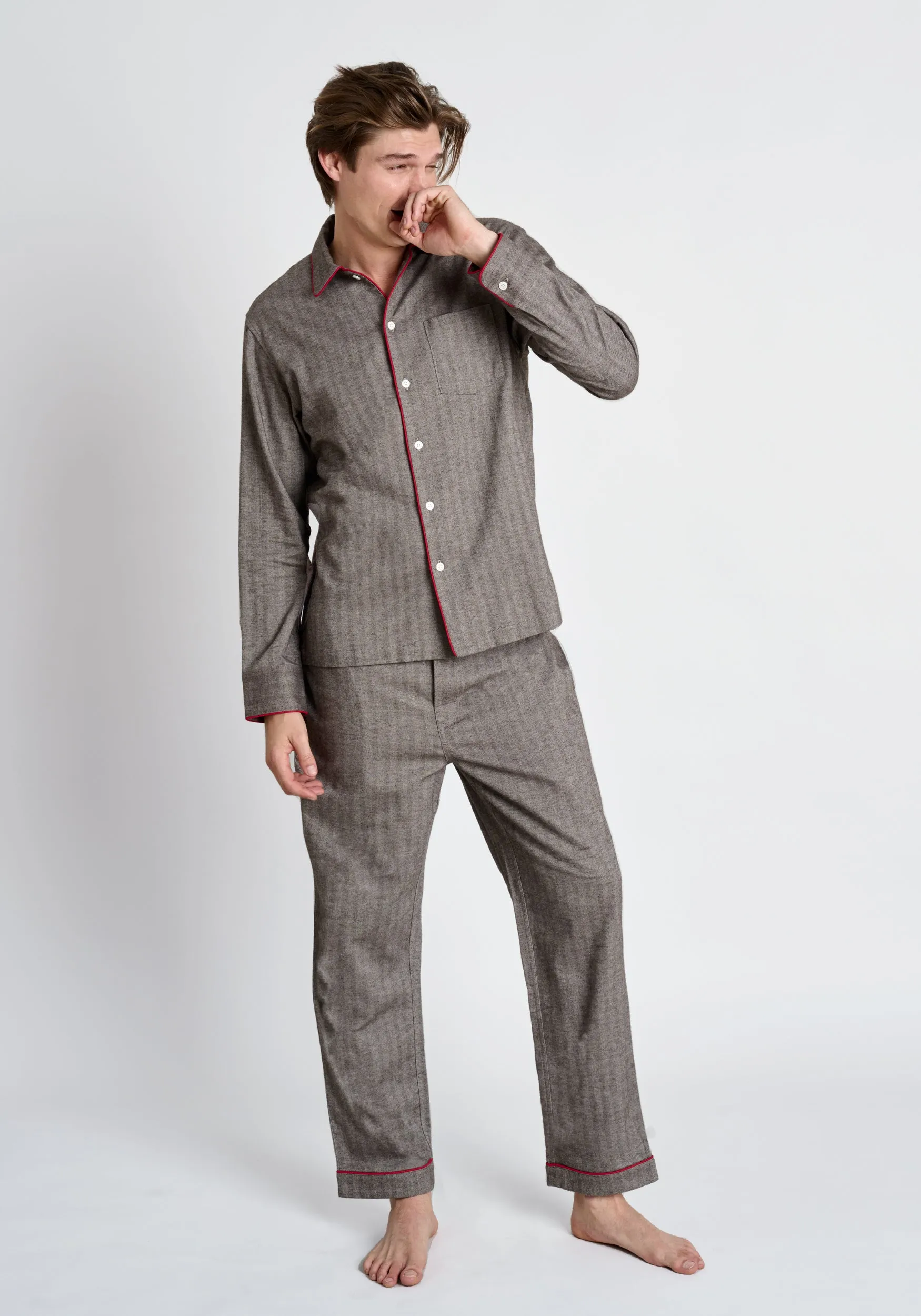 Henry Pajama Set in Brown Herringbone Flannel