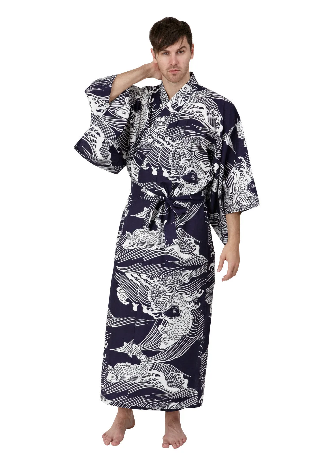 Koi Cotton Plus Size Mens Kimono Navy