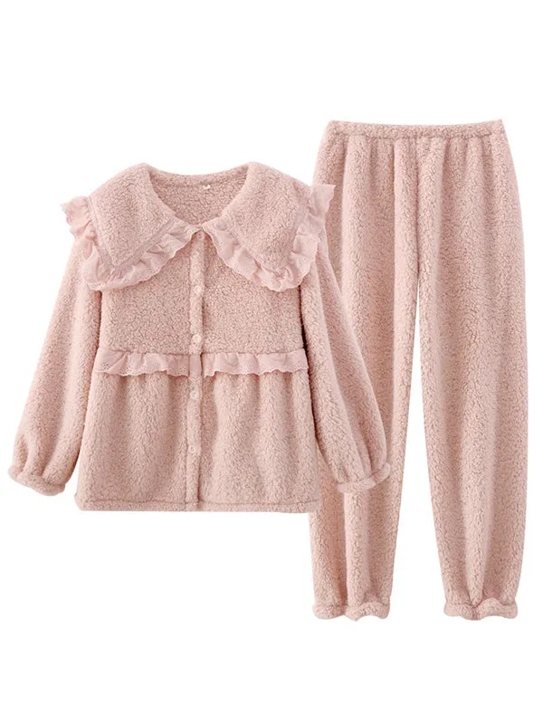 Lace Stitching Flannel Pajama Set