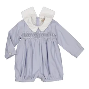 Mathis Blue Boy Smocked Romper in Organic Cotton Twill