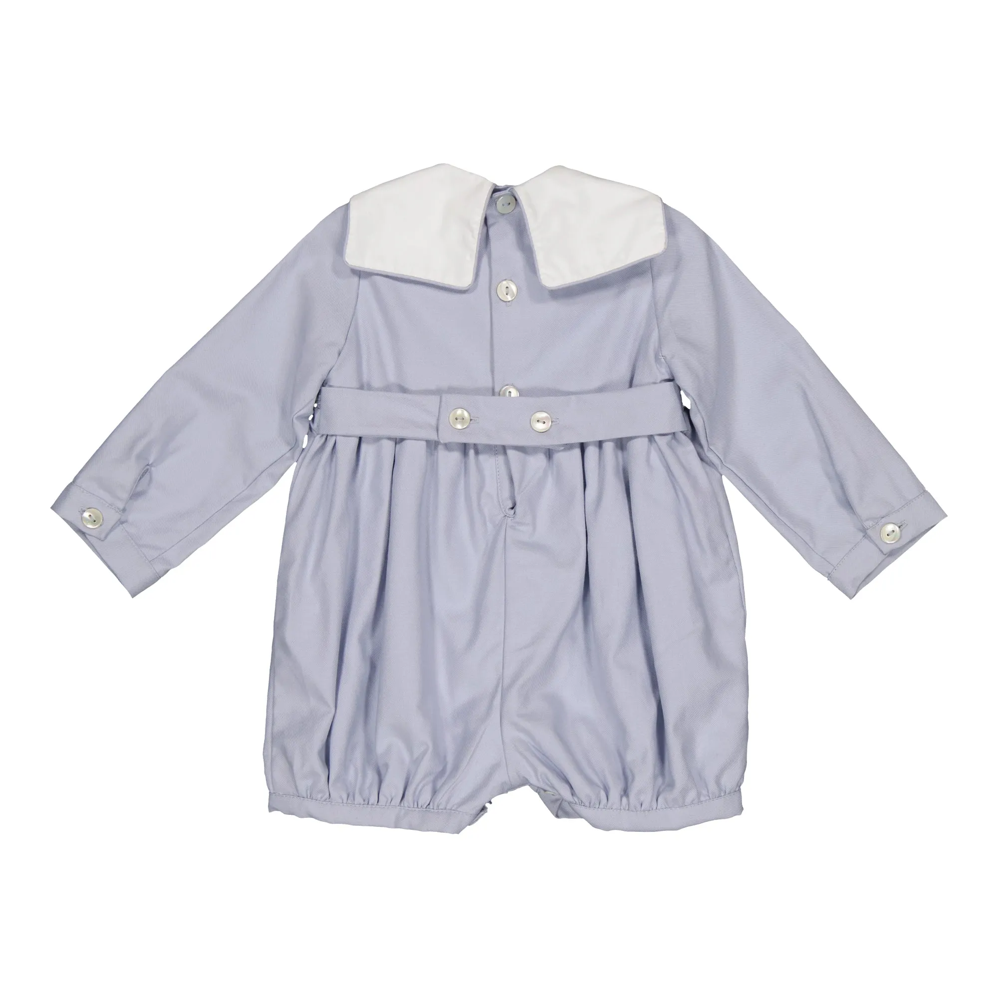 Mathis Blue Boy Smocked Romper in Organic Cotton Twill