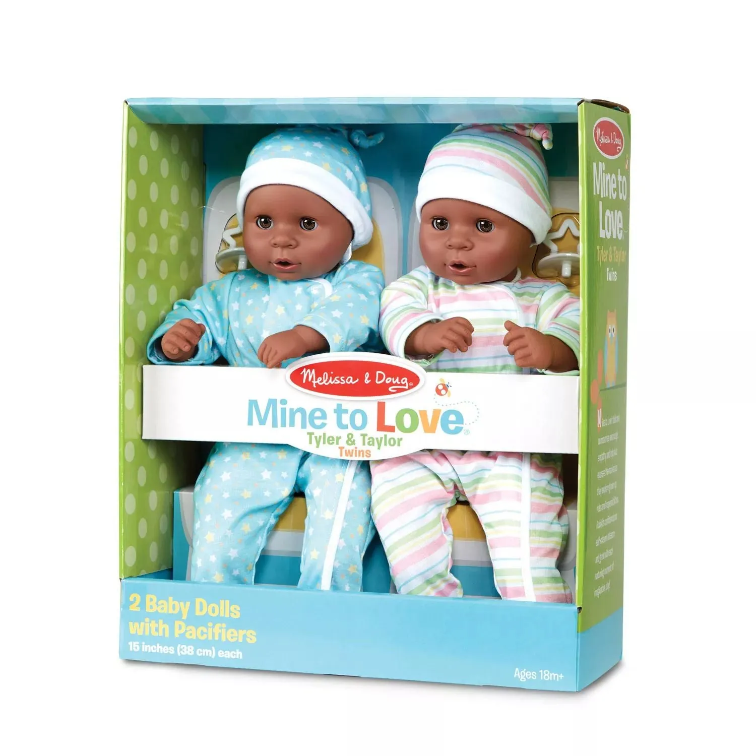 Melissa & Doug Mine to Love Twins Tyler & Taylor 15 Inch Dolls for Boys and Girls with Dark Skin Tone , onesies, hats and pacifiers Melissa & Doug